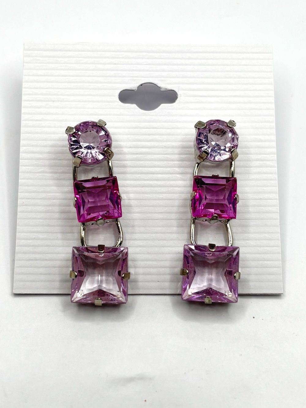 Tonal Purple Crystal Tiered Square Drop Earrings in Silver Tone